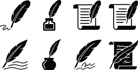 Fototapeta premium Vintage Quill Pen and Scroll Icon Set with Feather Inkwell and Paper Symbols for Literature, Education, Legal Documents, and Historical Writing Graphic Designs