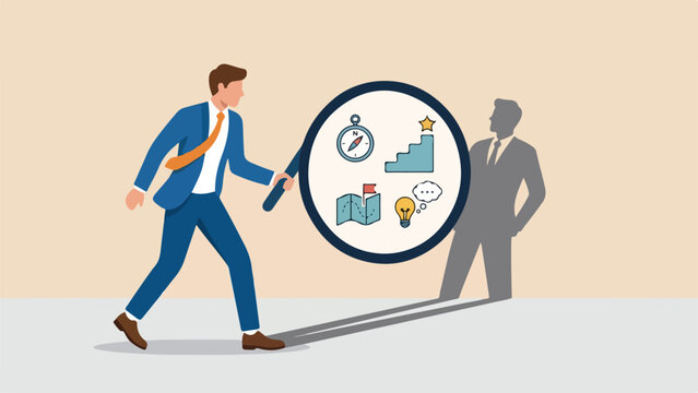 Self assessment or self analysis process to know yourself and discover plan or goal for living or work and career concept, businessman walking with shadow using magnifying glass to analyze himself