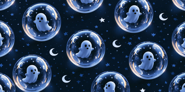 Ghost in sphere pattern featuring crescent moons and stars on a dark blue background ghosts