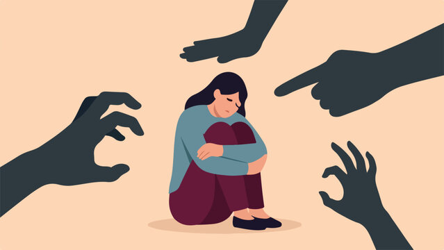Woman abuse victim, violence or harassment fear, depression or anxiety problem, social bullying or marriage suffering concept, solitude depressed woman victim sitting with abusive hands