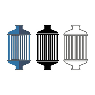 Three industrial filter elements in blue black and gray colors for water or air purification systems  industrial equipment