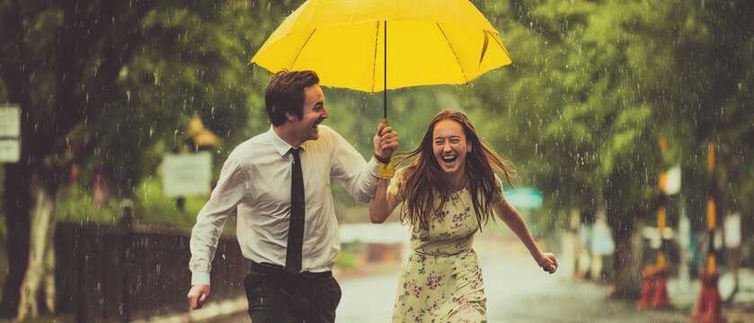 Couple enjoying a joyful walk in the rain.