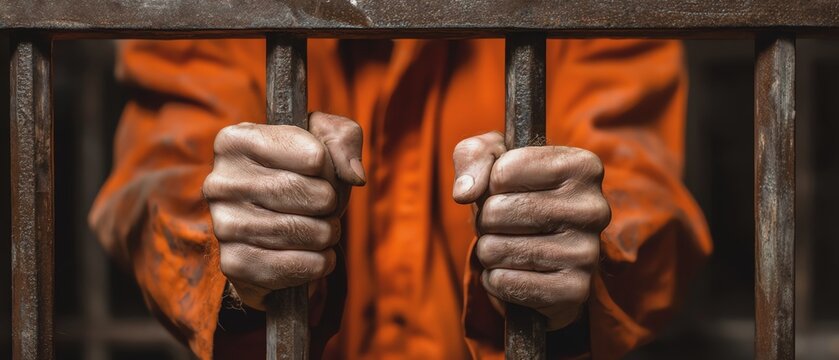 Hands gripping prison bars in orange jumpsuit.