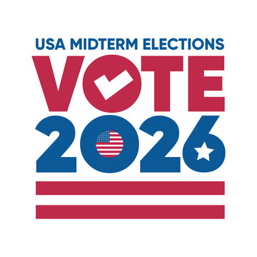 USA Midterm Elections 2026 Vote typography banner design with check mark icon and American flag vector illustration. Patriotic political campaign voting template for US election poster.