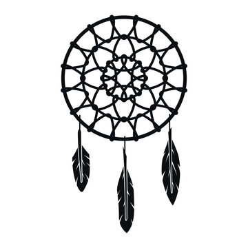 A dreamcatcher icon with a mesh pattern and three hanging feathers, symbolizing protection and guidance, used in various arts and crafts.
