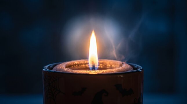 Burning candle flame with smoke on dark blue background, close up macro shot