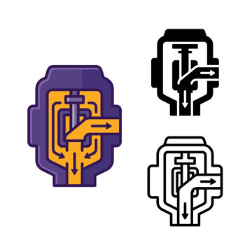 Three smartwatch icons with arrows and maze designs in purple yellow and black on white background