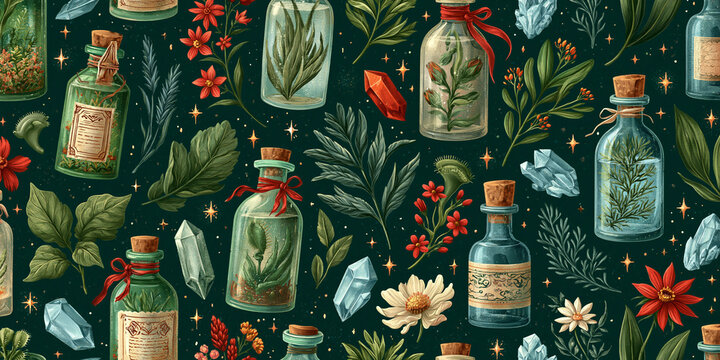 Potion bottles crystals and herbs seamless floral pattern on a dark green background bottle glass