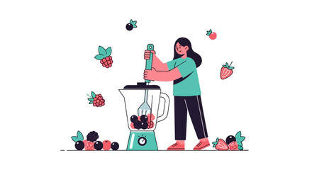 Woman preparing fresh berry smoothie in kitchen blender © ardi