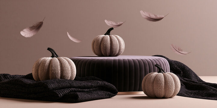Knit pumpkins with feathers a muted autumnal product display background halloween autumn fall seasonal knitted