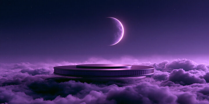 Circular product platform with crescent moon and clouds a surreal 3d rendering display stage night