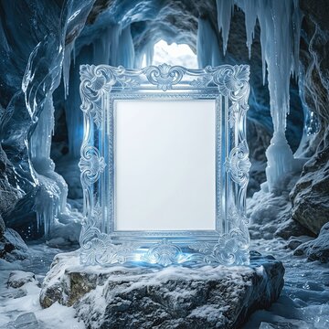 Mockup of elegant crystal glass frame inside a frozen cave