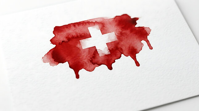 Artistic Swiss flag watercolor splash for Switzerland national day featuring a white cross on red paint drips for independence day