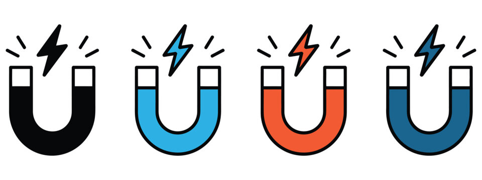 Magnet icon set in line, solid and colored styles with attraction symbols for industrial, educational and scientific applications.