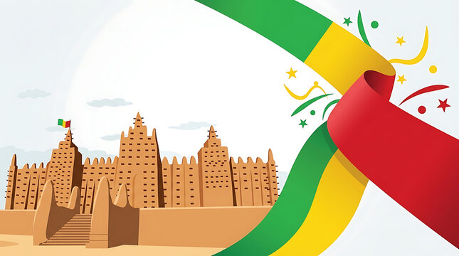 Great mosque of djenn Celebration of Mali Independence Day featuring the Malian flag colors and the iconic Great Mosque of Djenn historic
