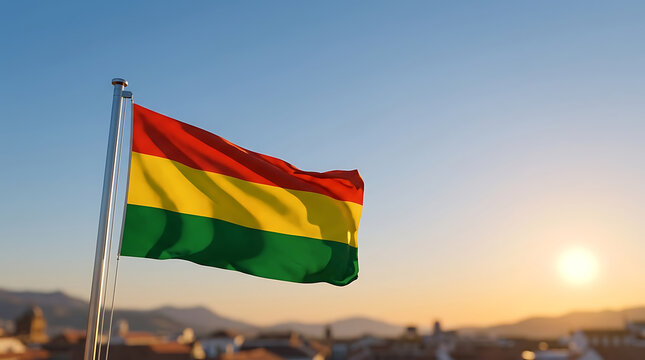 A vibrant Bolivia flag is waving against a beautiful sunset sky during independence day standing as a proud national symbol of the South American