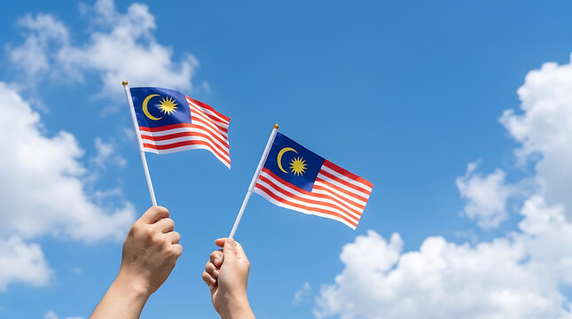 Hand holding Hands holding Malaysian flag for Merdeka and patriotism on independence day celebration under a bright blue sky with clouds