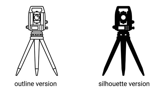 Total Station Instrument: A detailed outline and a bold silhouette of a total station surveying instrument mounted on a tripod.