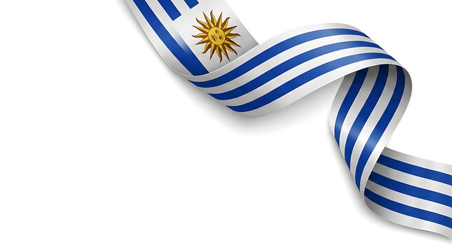 Uruguay flag for independence day celebration featuring the national symbol Sun of May on a waving ribbon banner design
