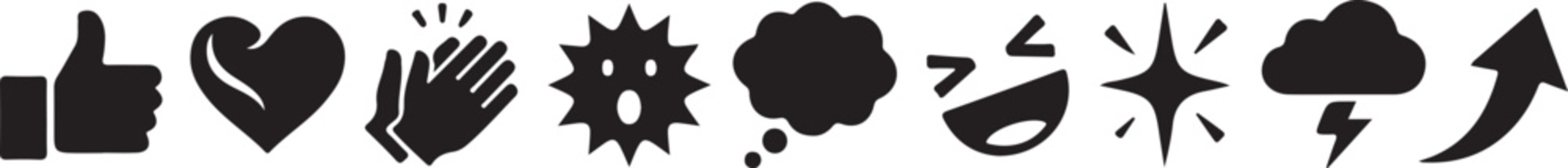 Minimalist social media reaction icons set, black silhouette emoji symbols for digital engagement, flat vector UI elements for web and mobile apps