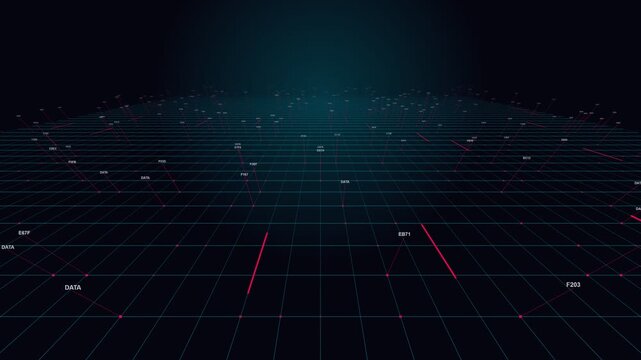 Digital data streams with glowing red light streaks and alphanumeric code flying across blue perspective grid for cybersecurity tech background