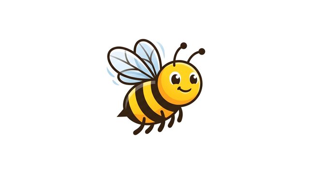 A cheerful and cute cartoon honey bee character flying with a smile, featuring bright yellow and black stripes, big eyes, and detailed wings, isolated on a clean white background