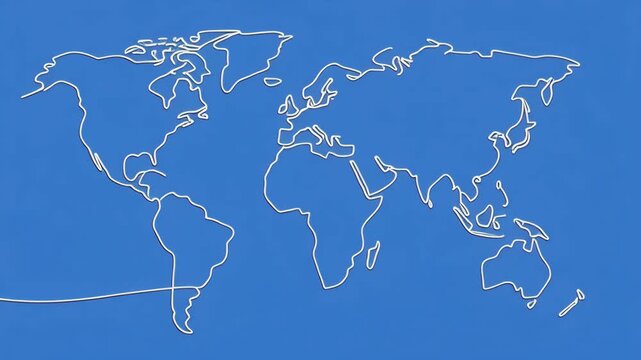 Line drawing of world map developing across blue background with subtle motion