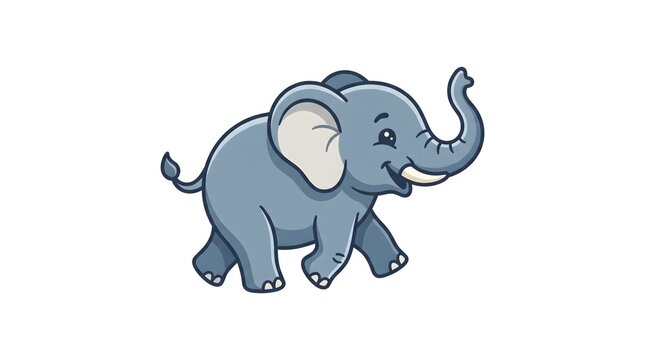 A cute baby elephant cartoon character walking happily with its trunk raised up, isolated on a white background. Vector illustration