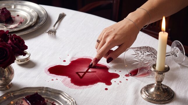 Person showing hands drawing spiritual runes with a red fluid on a white tablecloth, for dark ritual or horror themes.
