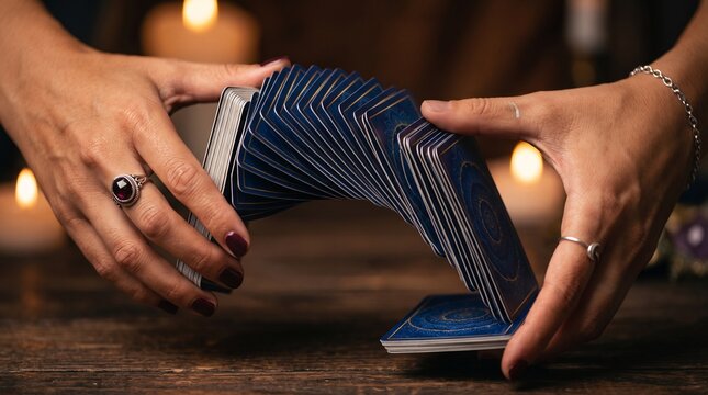 Side view of hands shuffling tarot deck showing a thick stack of cards, for fortune telling and divination themes.