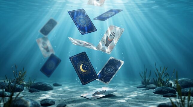 Magical surreal view of hands shuffling tarot deck with floating cards underwater, for fantasy divination concepts.