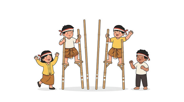 Indonesian children playing egrang traditional game with bamboo stilts for Independence Day celebration in cartoon illustration style