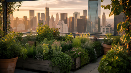 Fototapeta premium Beautiful rooftop garden with blooming green plants and flowers overlooking a large city skyline during a warm golden sunset with soft lighting and a peaceful atmosphere in the evening