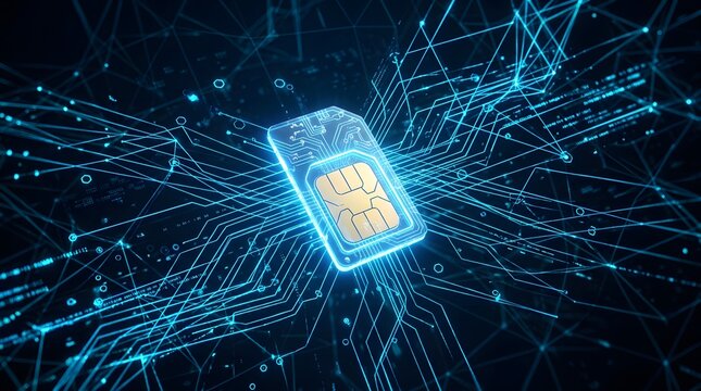 Glowing digital SIM card floating in a futuristic network grid, representing eSIM technology, cloud connectivity, and data exchange.