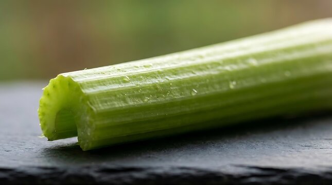 Single celery stalk on dark slate surface.