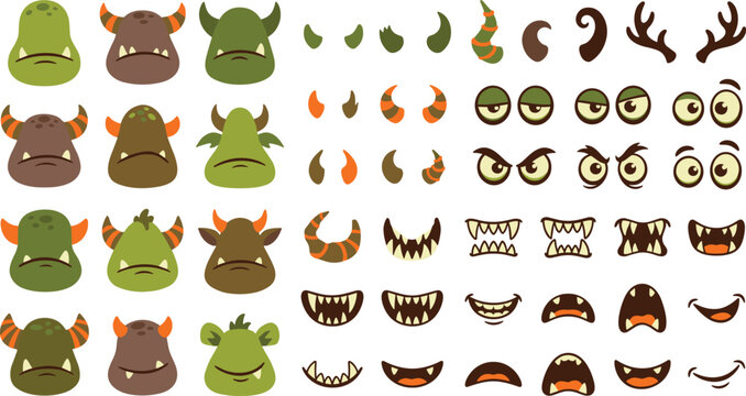 Cartoon monster character creator set with cute vector heads, eyes, horns, and mouths