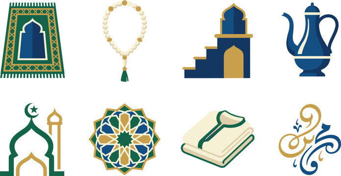Islamic Religious Icon Set with Prayer Rug Beads Mosque Minbar and Calligraphy