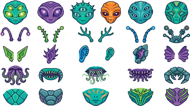 Alien character creator set with colorful vector heads, antennas, ears, and mouth parts