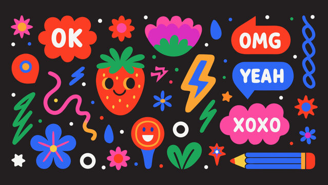 Collection Of Playful Sticker Art Featuring Fruits Flowers And Text Elements In A Vibrant Vector Style stickers