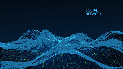 Abstract polygonal mountain range with connecting nodes a vector illustration in shades of blue on a dark background © binoy