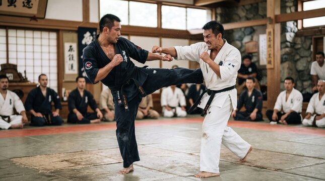 Two Men Practicing Karate Sparring High Kick in Traditional Japanese Dojo Training