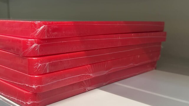Bright red plastic cutting boards are displayed in stacked rows in a household goods department, providing affordable and durable kitchen tools for everyday food preparation. Close up.