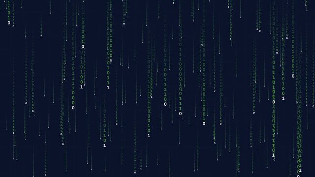 Binary code glowing digits falling in vertical streams for matrix data background and technology concept