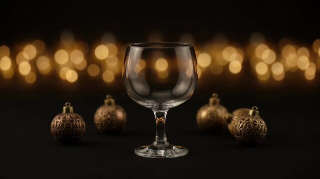 Luxury new year party background with glass goblet golden bokeh light and festive gold ornament decoration on dark table surface creating warm glowing elegant holiday celebration mood