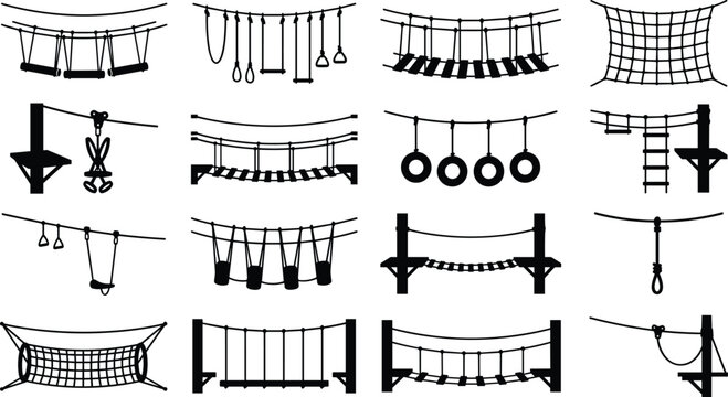 Set of black rope bridge and obstacle course vector icons for adventure parks