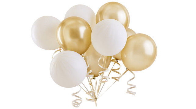Gold and white balloons with curling ribbons
