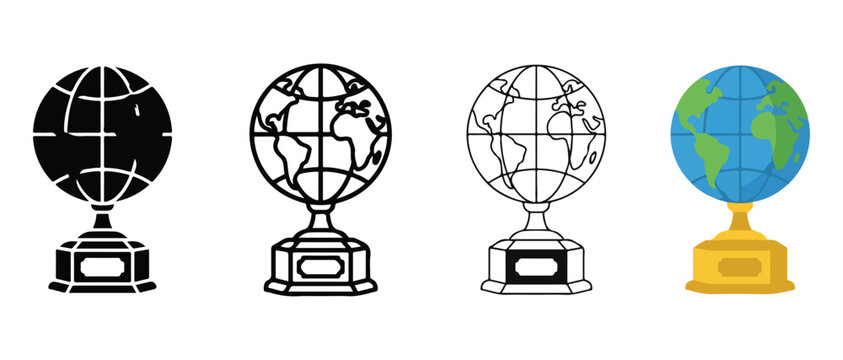 globe trophies with different styles and colors on pedestals for awards and recognition displays