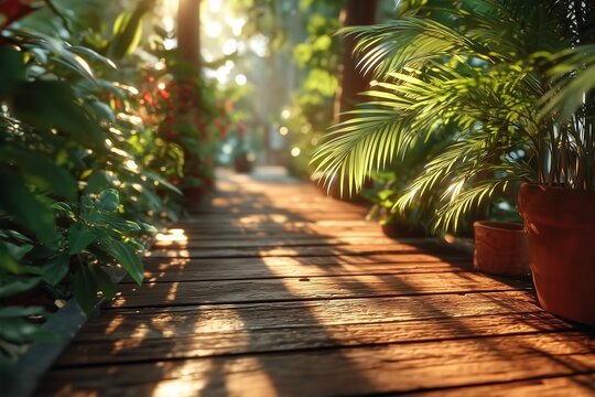 Sunlit wooden walkway through a lush tropical garden with potted palms
