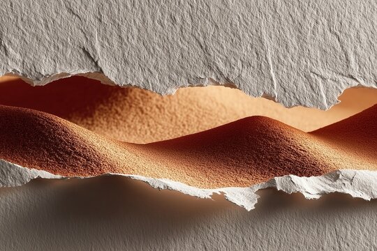 Warm golden sand dunes revealed through torn textured paper