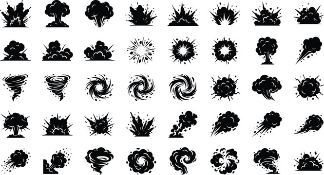 Set of black explosion, bomb blast, smoke cloud, and tornado vector icons